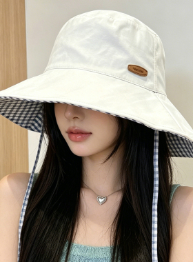 韩系双面戴格纹帽子女夏季新款户外防晒帽遮阳帽可折叠盆帽渔夫帽