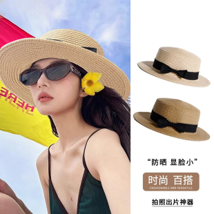 夏季 2025新款 海边度假遮阳防晒复古礼帽 田园风平顶草帽子女款 法式