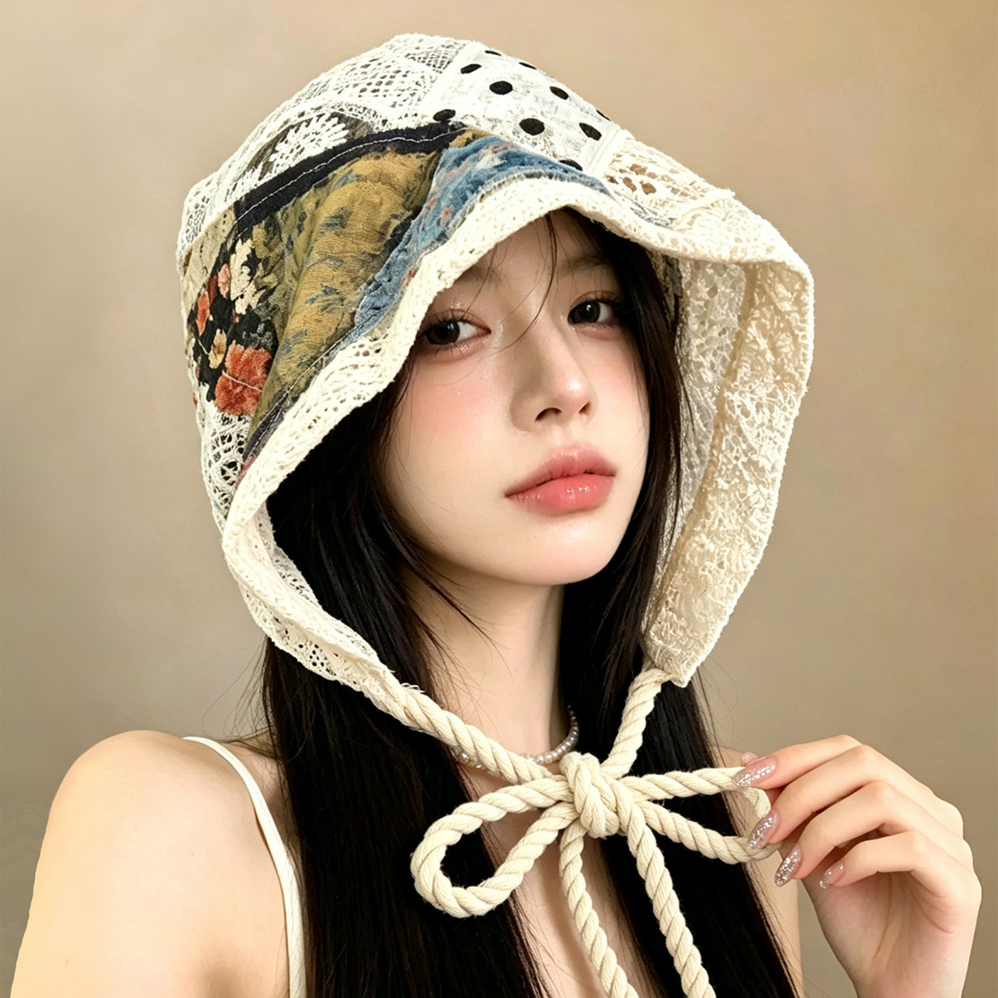 民族风复古轻薄拼接贴布帽子女夏季蕾丝绑带包头帽镂空百搭堆堆帽