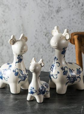高端描金一家三口小鹿酒柜装饰品摆件客厅乔迁美式复古陶瓷摆件