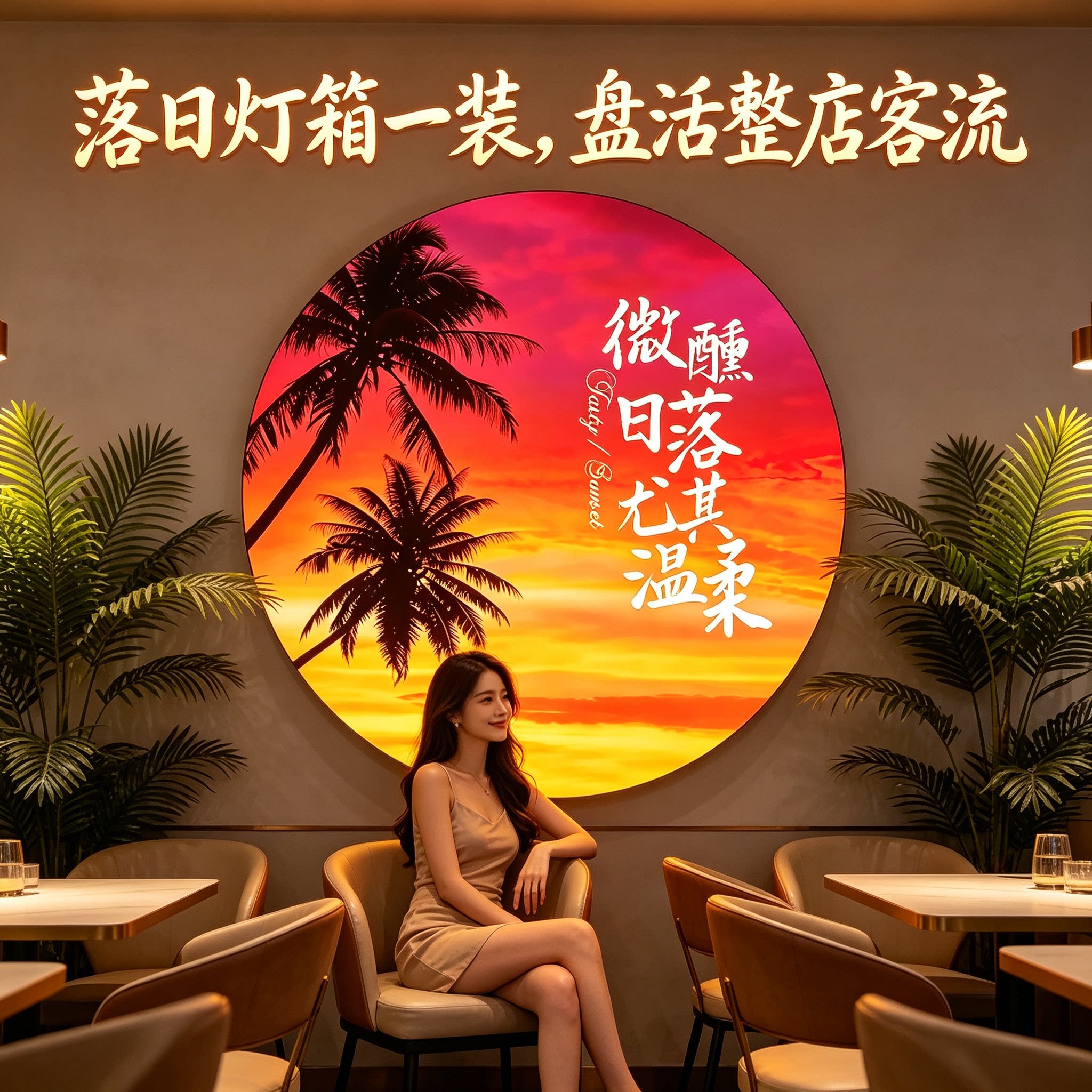 网红落日灯箱户外软膜氛围感拍照打卡咖啡店露营风装饰酒吧广告牌