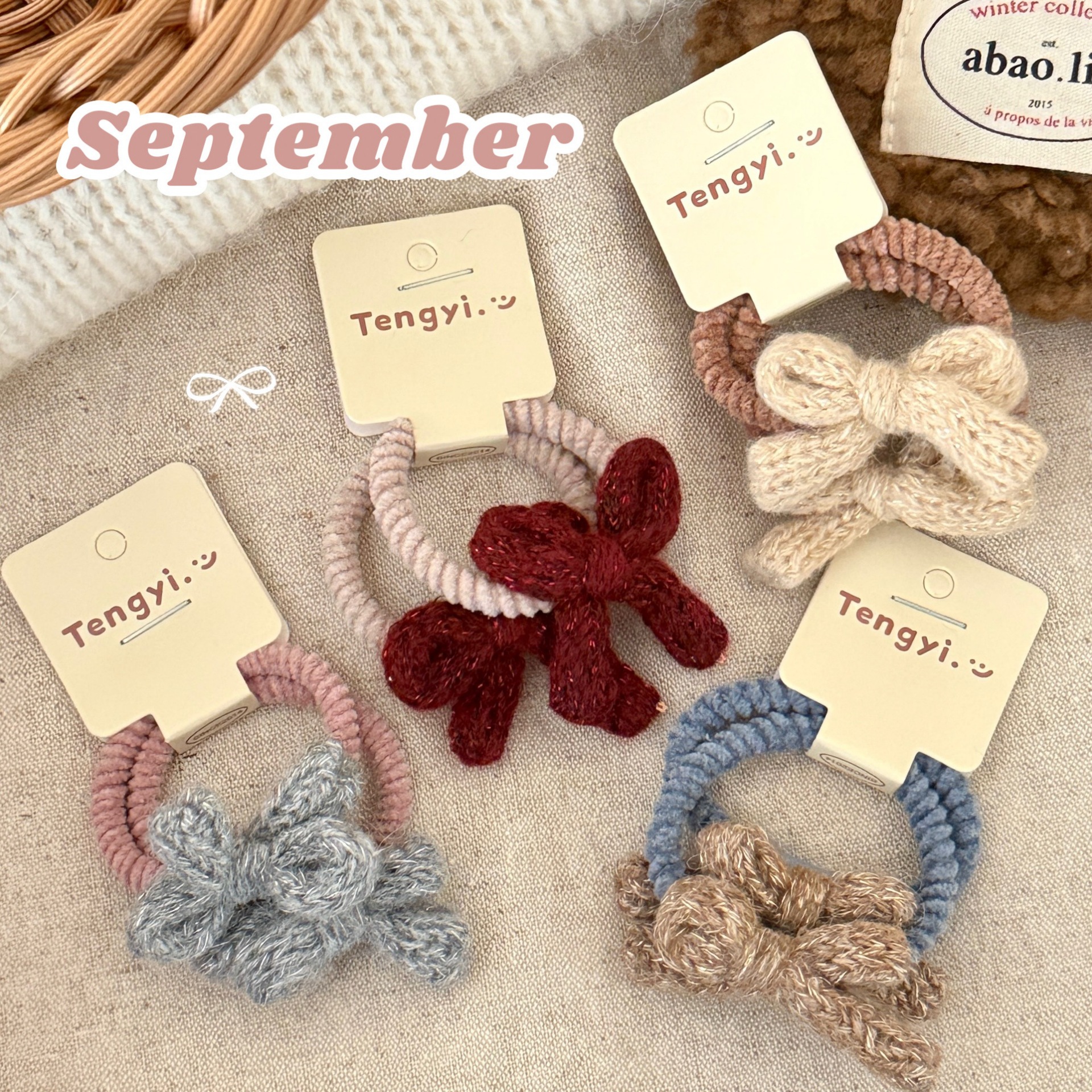 新款复古毛线蝴蝶结发绳秋冬季新款毛绒绒发圈头绳少女双马尾皮筋