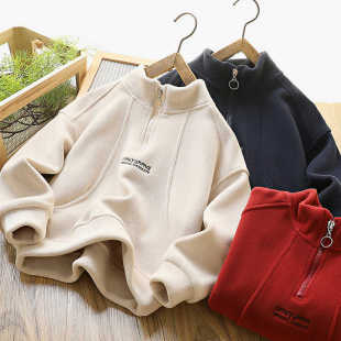 儿童卫衣2024男童冬季双面澳粒绒半拉链加厚上衣女童加绒保暖外套