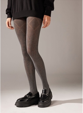 ColveaKutvn秋冬新款女士时尚山羊绒镂空灰色菱格连裤袜MODC2130