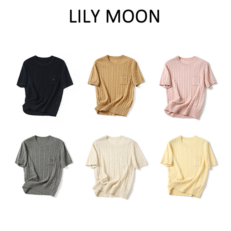 LILYMOON 麻花口袋爱心针织短袖100%羊毛圆领绞花柔软舒适百搭