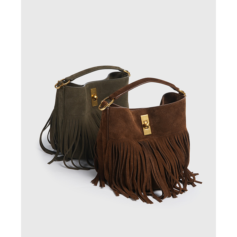 单肩斜挎包流苏手提水桶包