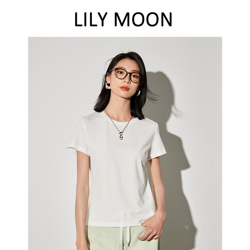 LILYMOON春夏桑蚕丝圆领短袖果冻正肩T恤简约舒适休闲纯色百搭