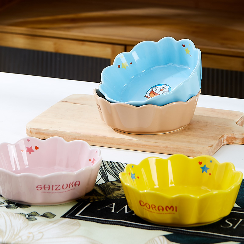 哆啦A梦花瓣碗家用沙拉碗水果碗卡通可爱陶瓷碗菜盘蓝胖子酸奶碗