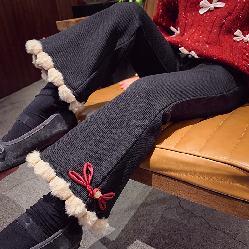 一体绒下摆蝴蝶结毛边喇叭裤