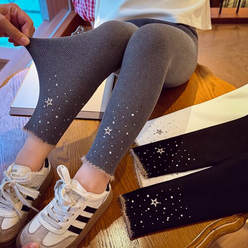 女童冬款星星烫钻加绒保暖打底裤