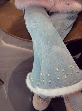 女童加绒喇叭裤冬装2025新款洋气儿童高腰水洗牛仔裤小女孩马蹄裤