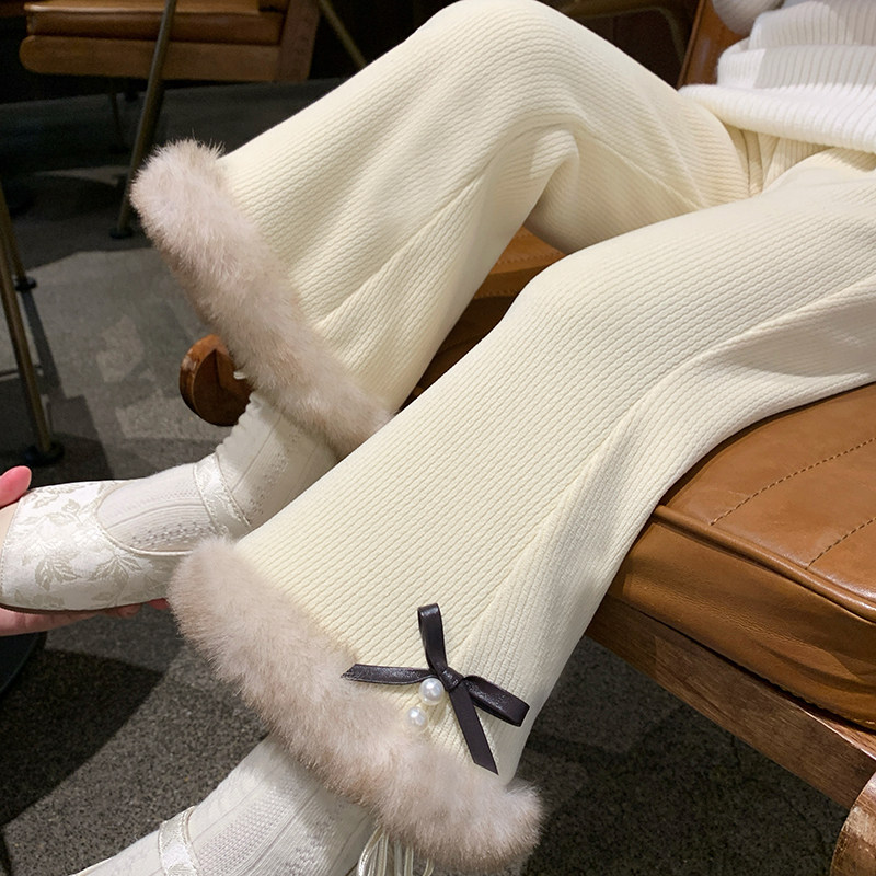 百搭高腰加绒雪尼尔喇叭裤