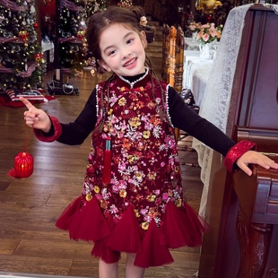 米米哈罗女童旗袍裙冬装2026新款夹棉国风连衣裙小女孩网纱公主裙