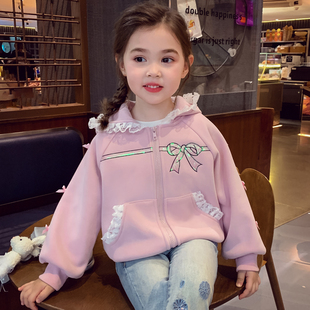 米米哈罗女童加绒连帽卫衣外套冬装2025新款儿童宽松加绒保暖上衣