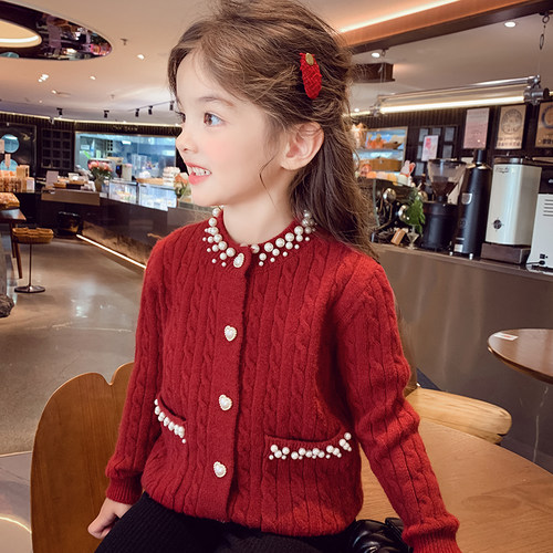 小香风钉珠长袖麻花纹针织上衣