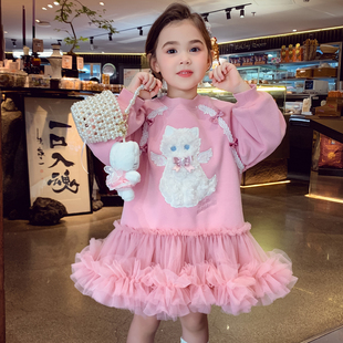 米米哈罗女童连衣裙冬装2025新款儿童加绒网纱公主裙小女孩卫衣裙