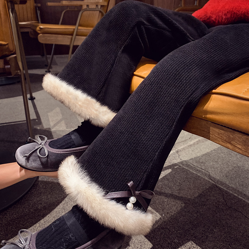 冬款加绒钉珠蝴蝶结毛毛裤子
