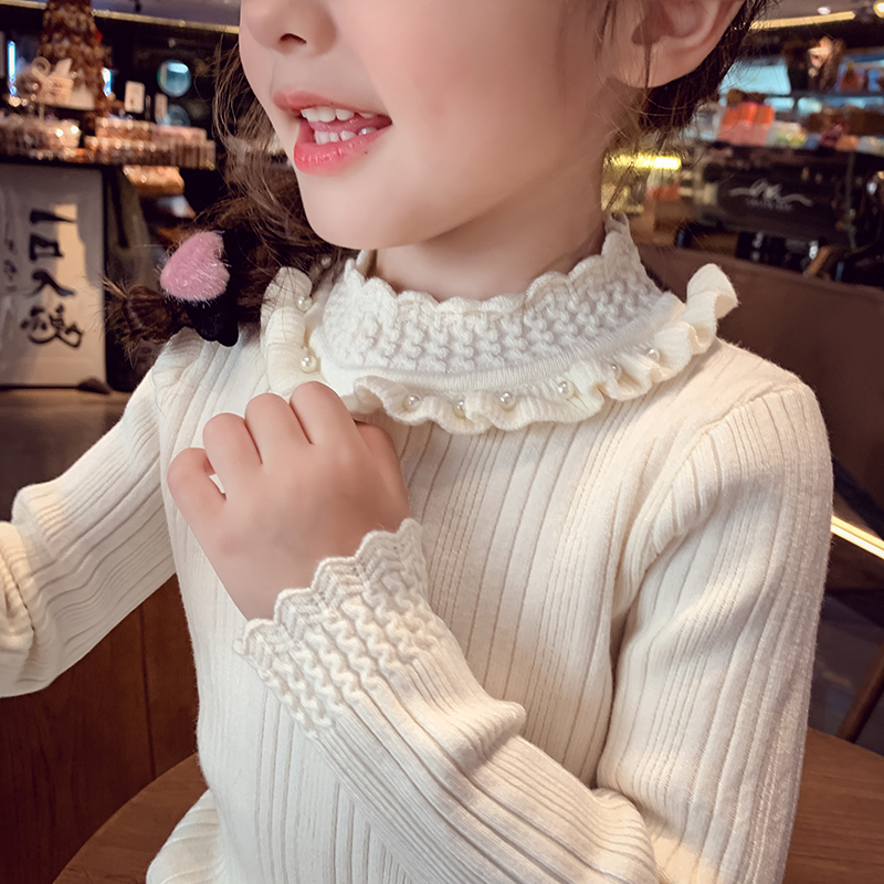 半高花边领长袖钉珠针织毛衣