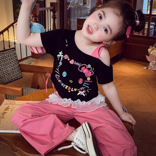 女童夏季甜妹风斜肩短袖上衣