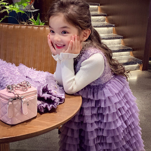 莫奈紫千金感无袖网纱连衣裙