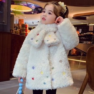 米米哈罗女童中长款羊羔绒外套冬装2025新款儿童韩版宽松毛毛大衣