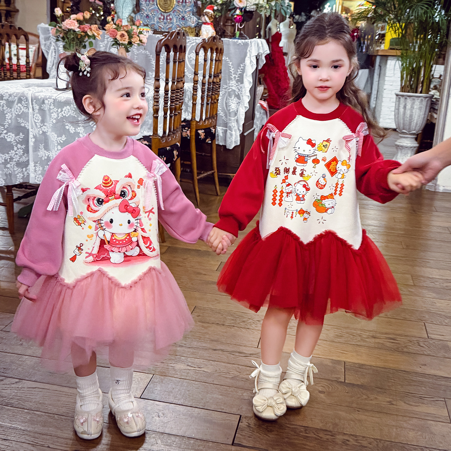 米米哈罗女童连衣裙冬装2025新款儿童加绒卫衣裙小女孩网纱公主裙