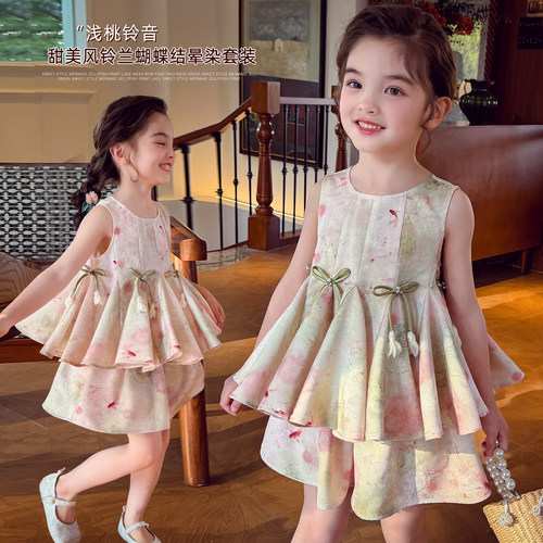 女童夏装印花背心短裤两件套
