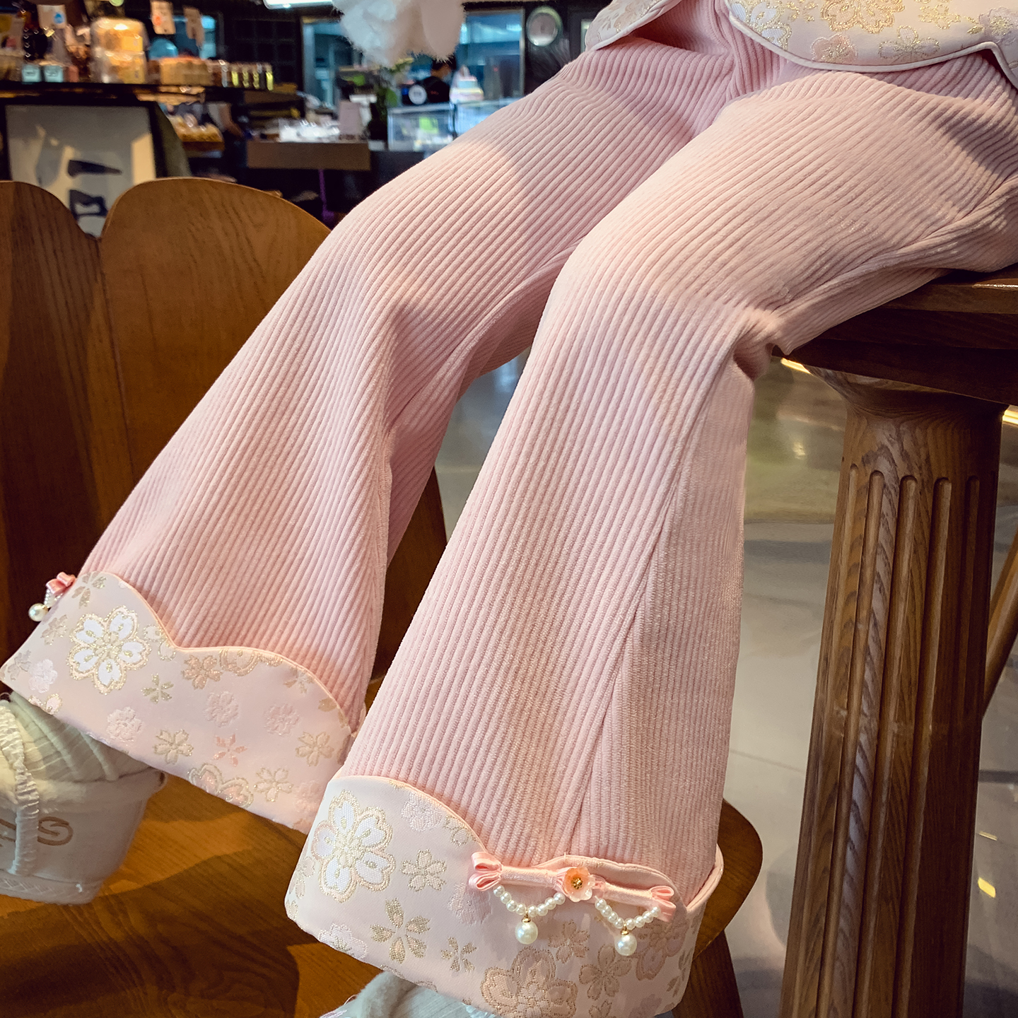 新中式国风雪尼尔喇叭裤