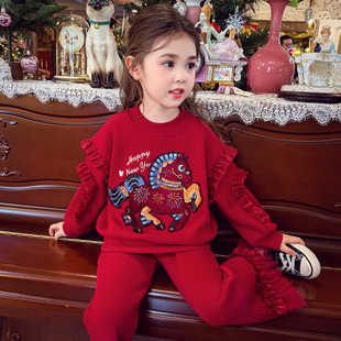 米米哈罗女童加绒套装冬装2025新款儿童韩系卡通卫衣喇叭裤两件套