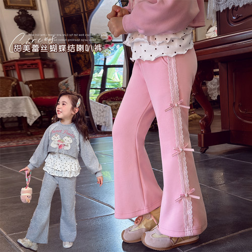 侧边蕾丝蝴蝶结修身微喇休闲长裤
