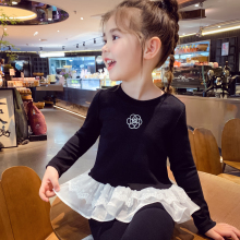 女童芭蕾风上衣秋装2025新款儿童拼接花边长袖T恤女孩黑色打底衫