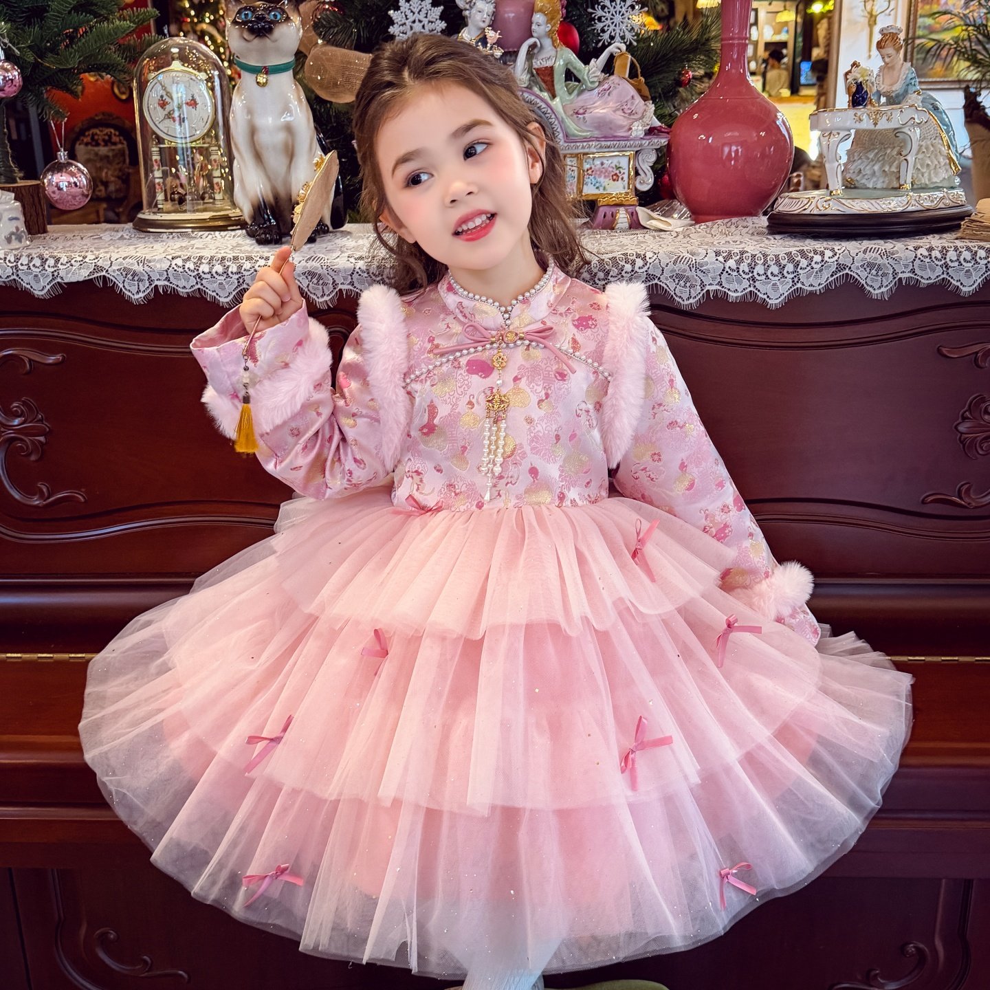 米米哈罗女童旗袍公主裙冬2026新款儿童加绒网纱连衣裙女孩新年装,童装/婴儿装/亲子装,旗袍,淘宝优惠券,粉丝福利购,淘宝优惠卷