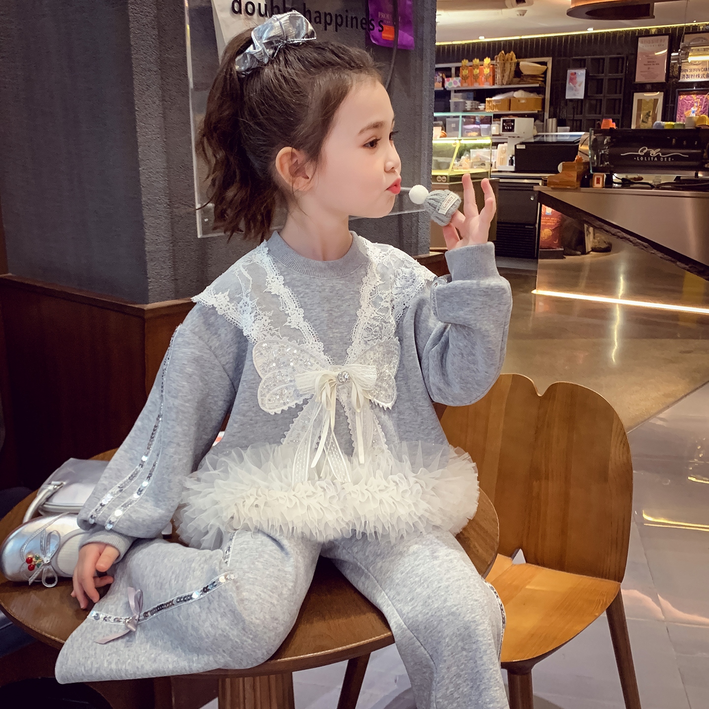 米米哈罗女童套装秋装2025新款儿童芭蕾风运动休闲卫衣女孩两件套