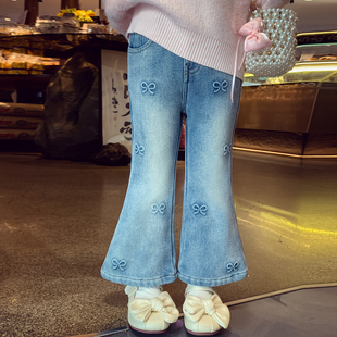 米米哈罗女童加绒牛仔裤冬装2025新款儿童高腰喇叭裤小女孩马蹄裤