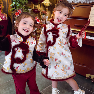 米米哈罗女童旗袍裙冬装2026新款儿童唐装拜年服小女孩夹棉公主裙