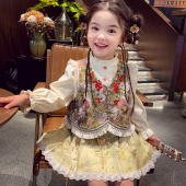 法式 2026新款 儿童油画风马甲女孩百褶裙两件套 套裙春装 女童新中式