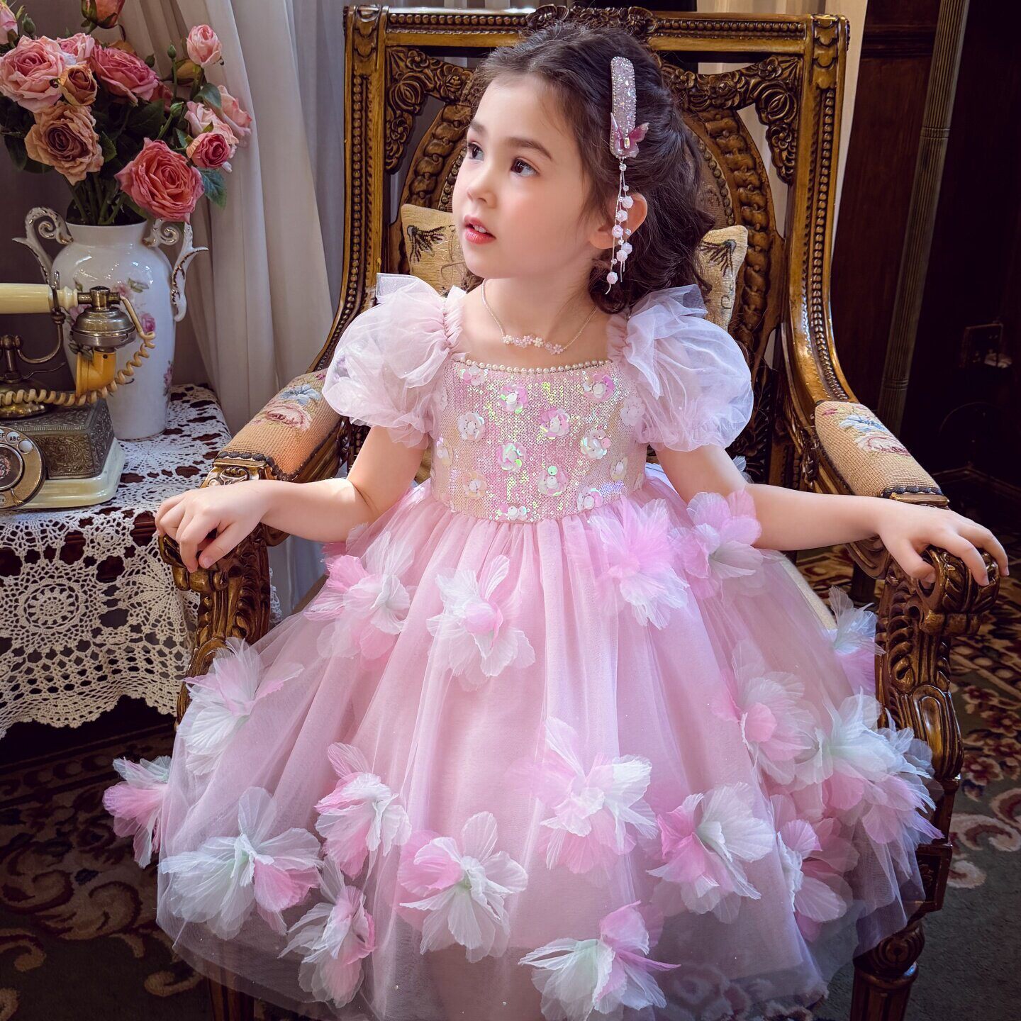 女童连衣裙夏装2026新款儿童泡泡袖花仙子网纱裙粉色小女孩公主裙