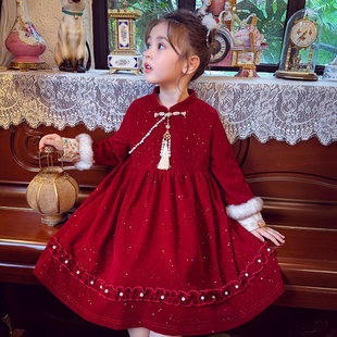 米米哈罗女童国风连衣裙冬2025新款儿童加绒拜年服女孩丝绒公主裙