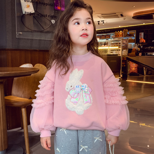 米米哈罗女童加绒卫衣冬装2025新款洋气儿童泡泡袖上衣女孩套头衫