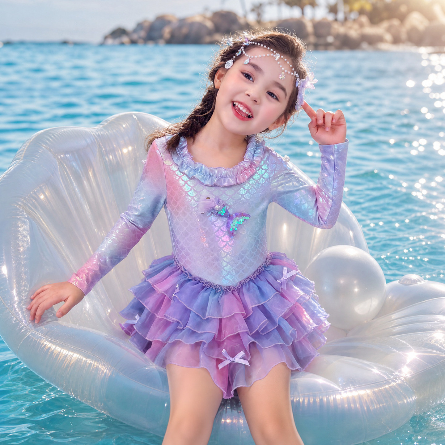 女童幻彩翅膀美人鱼连体泳衣2026夏装公主游泳衣宝宝防晒长袖泳装