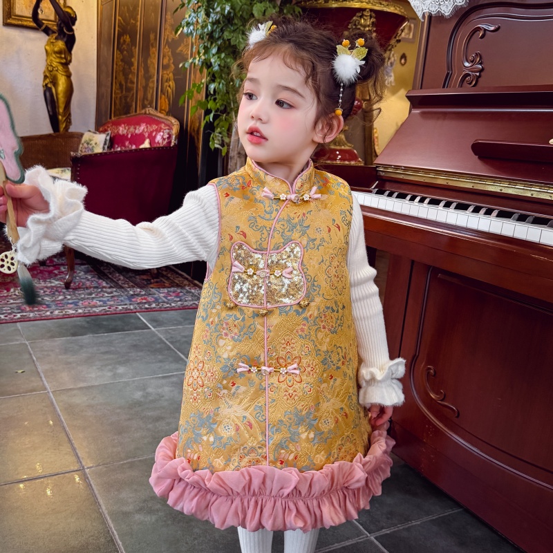 米米哈罗女童旗袍新中式儿童国风唐装夹棉马甲拜年服冬装2025新款