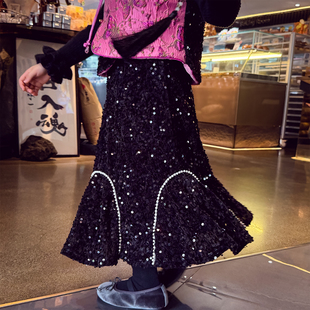 米米哈罗女童半身裙加绒女孩轻奢亮片鱼尾裙冬2025新款儿童长裙子