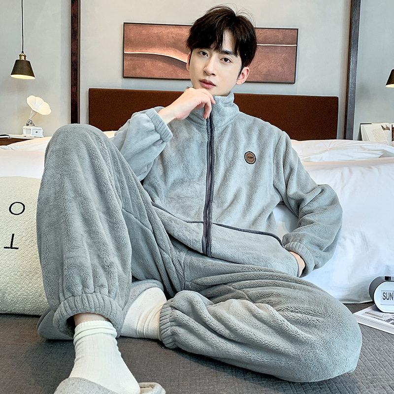男款睡衣男士秋冬季冬款男生加厚加绒保暖珊瑚绒拉链可外穿家居服