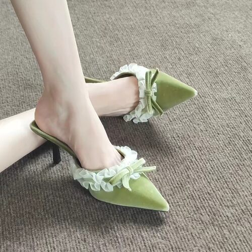 法式油画绿蕾丝绒面蝴蝶结穆勒高