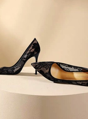 欧美外贸女鞋透视性感黑色蕾丝夜店男士反串表演走秀超细高跟单鞋