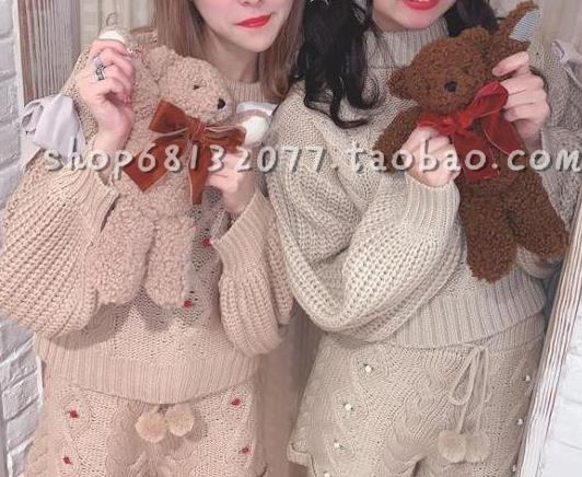 包邮秋冬涩谷y2k萌妹毛衣玫瑰花蝴蝶结系带麻花针织套装