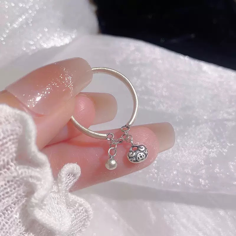 足银999复古如意平安锁吊珠戒指