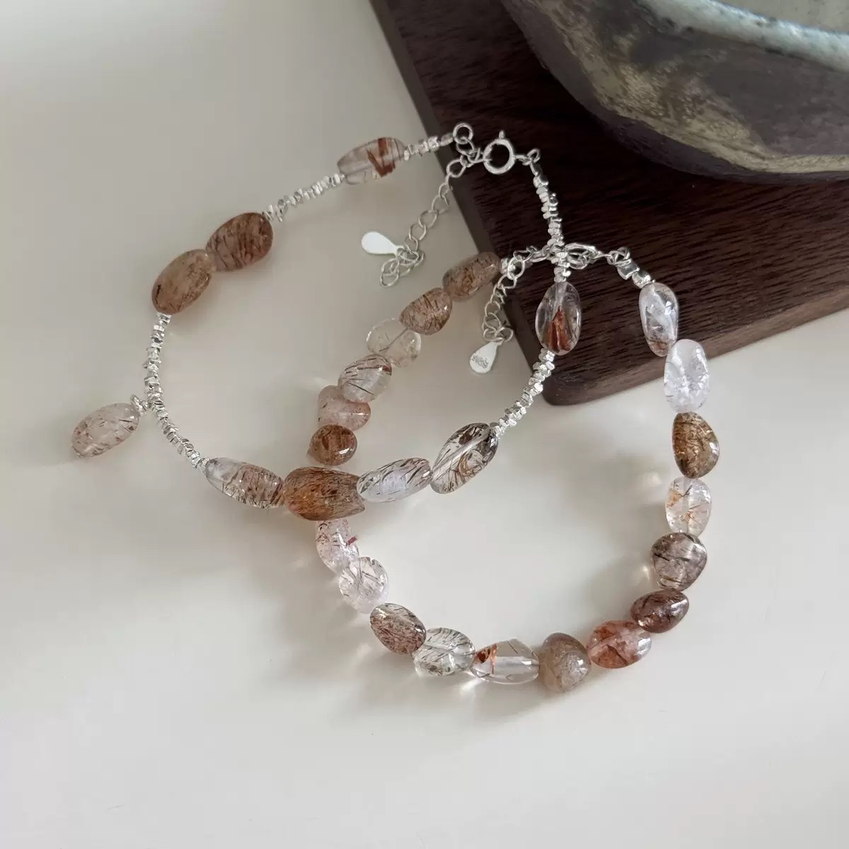 S925纯银天然黑金超七水晶串珠手链女时尚高级感手串小众碎银子