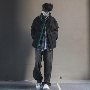 日系潮牌冬季立领棉衣男装潮牌棉袄宽松休闲外套男搭配直筒裤套装