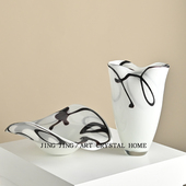 简约中古风白色抽象条纹玻璃花瓶大口径家用桌面装 饰果盘摆件花瓶